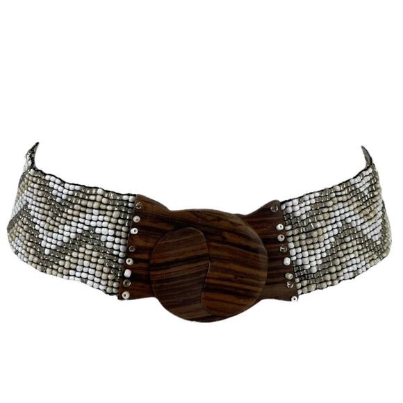 Vintage Accessories - Vintage Hand-made Boho Belt Stretchy Beaded Bali Belt with Wooden Hook Buckle